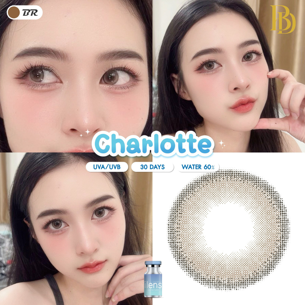 A close-up beauty shot of a woman wearing contact lenses, with promotional text overlays reading 'New Arrival!', 'Color Charlotte', 'UVA/UVB', '30 DAYS', and 'WATER 60%'. A small inset shows the packaged contact lens product.