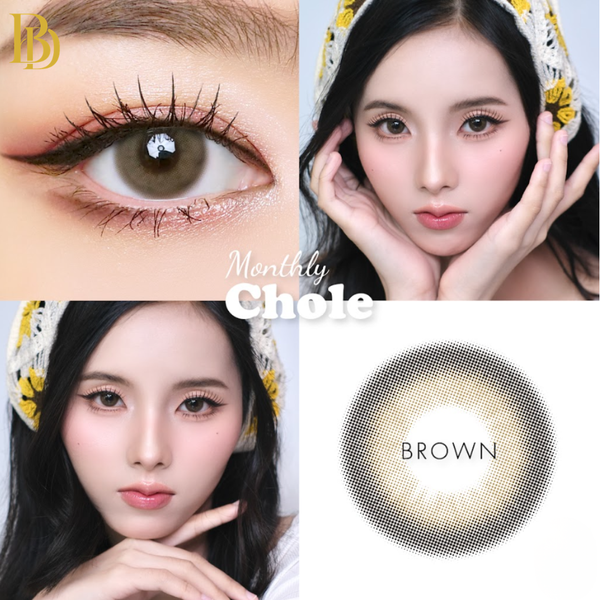 Collage of a woman wearing brown contact lenses with close-up shots of the lenses and product packaging.