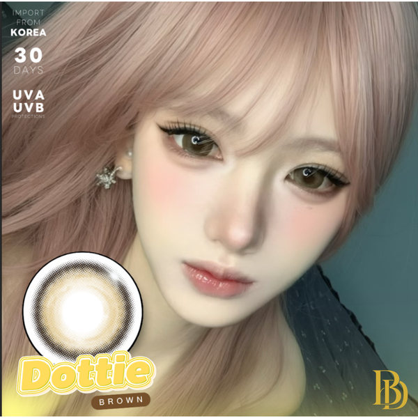 Advertisement for Dottie brown contact lenses with a close-up of a person's face and product packaging.