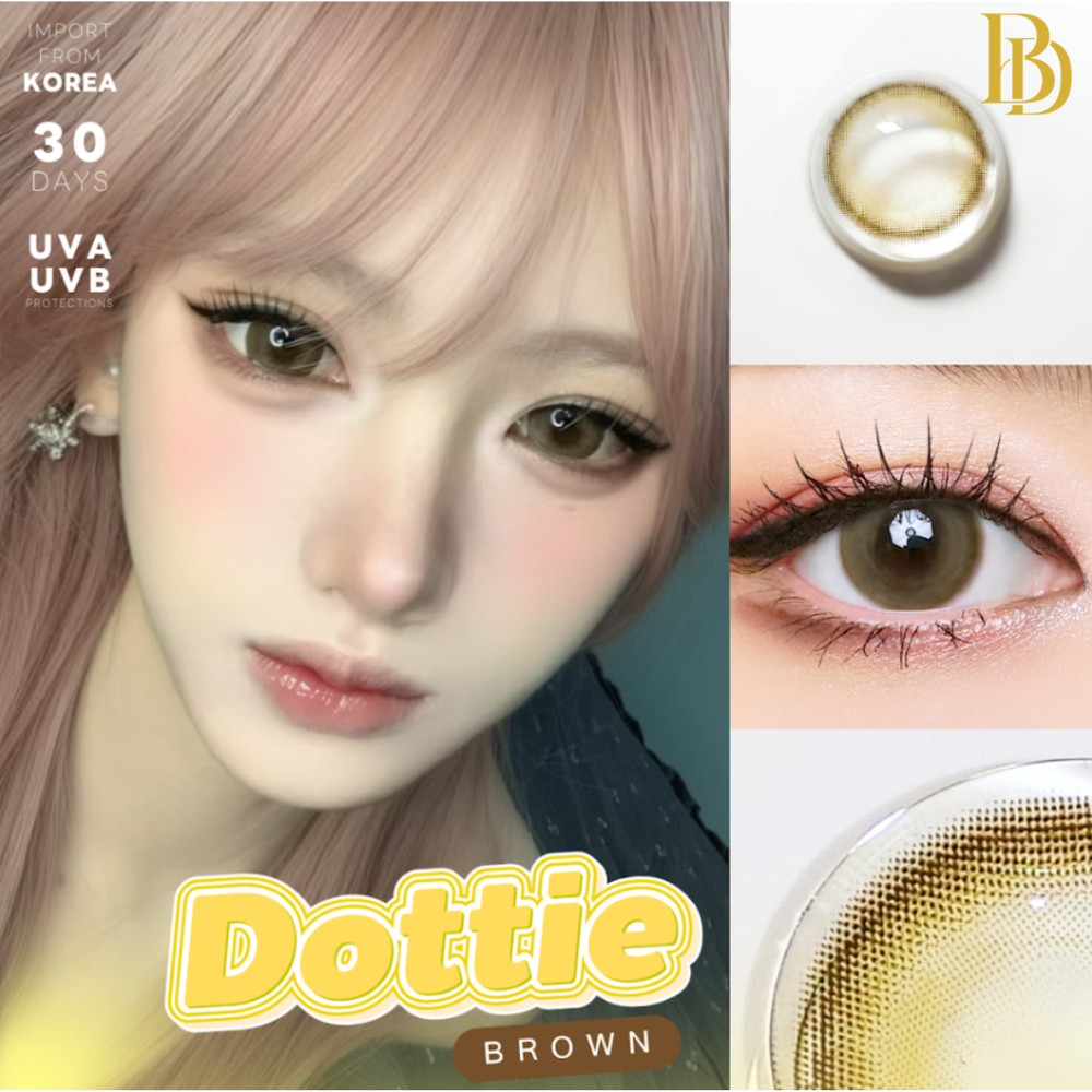 Advertisement for Dottie brown contact lenses with a close-up of a person's face and product packaging.