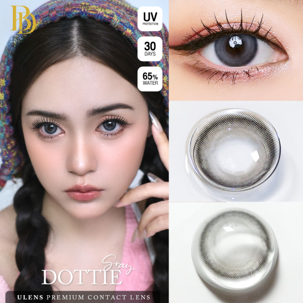 Model wearing colorful headscarf with contact lens display and product information.