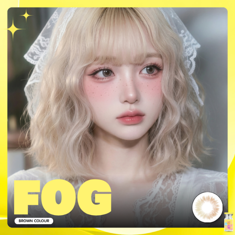 Person with light-colored hair and a white lace headband, wearing a brown color contact lens, with 'FOG' branding.
