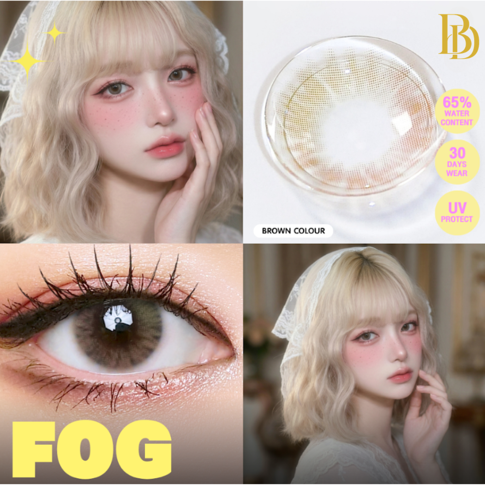 Person with light-colored hair and a white lace headband, wearing a brown color contact lens, with 'FOG' branding.