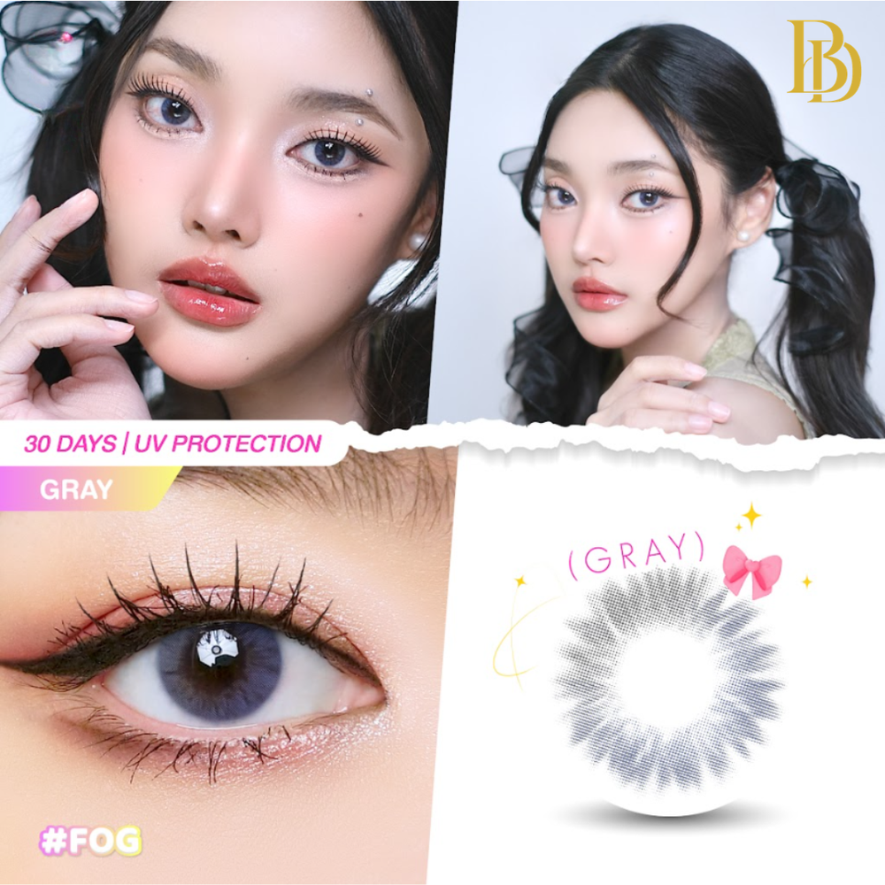 Close-up of a person with contact lenses and a brand logo, featuring text about gray color lenses.