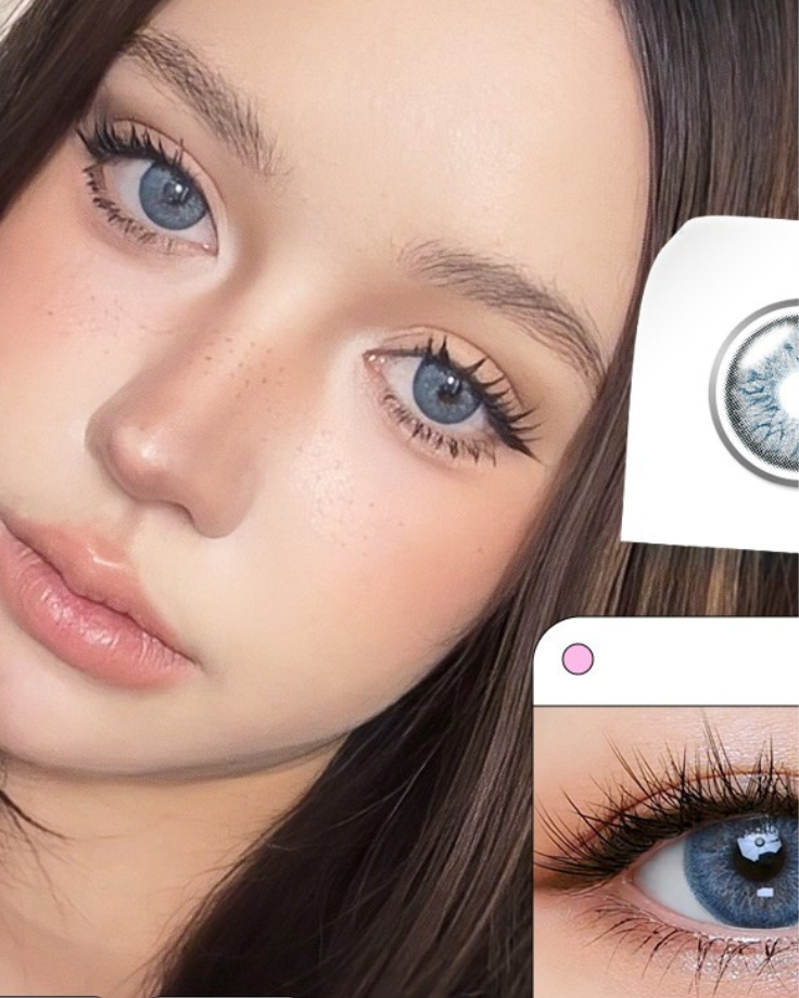 Close-up of a person's eyes with contact lenses displayed next to them