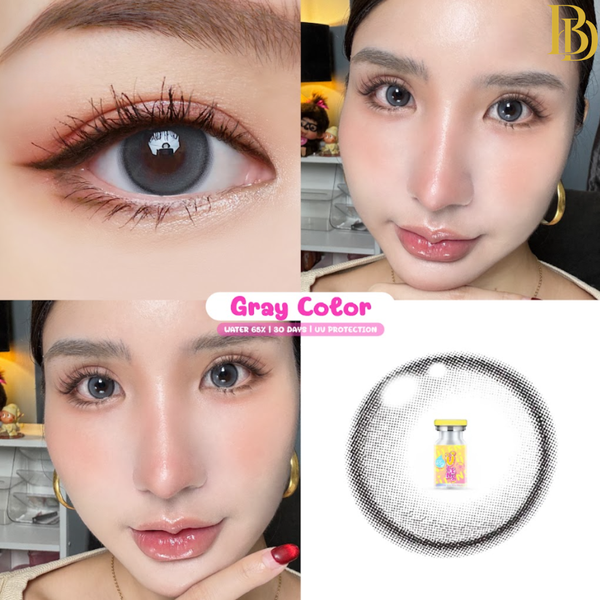 A collage of a model showcasing gray contact lenses - Gem Gray color lenses