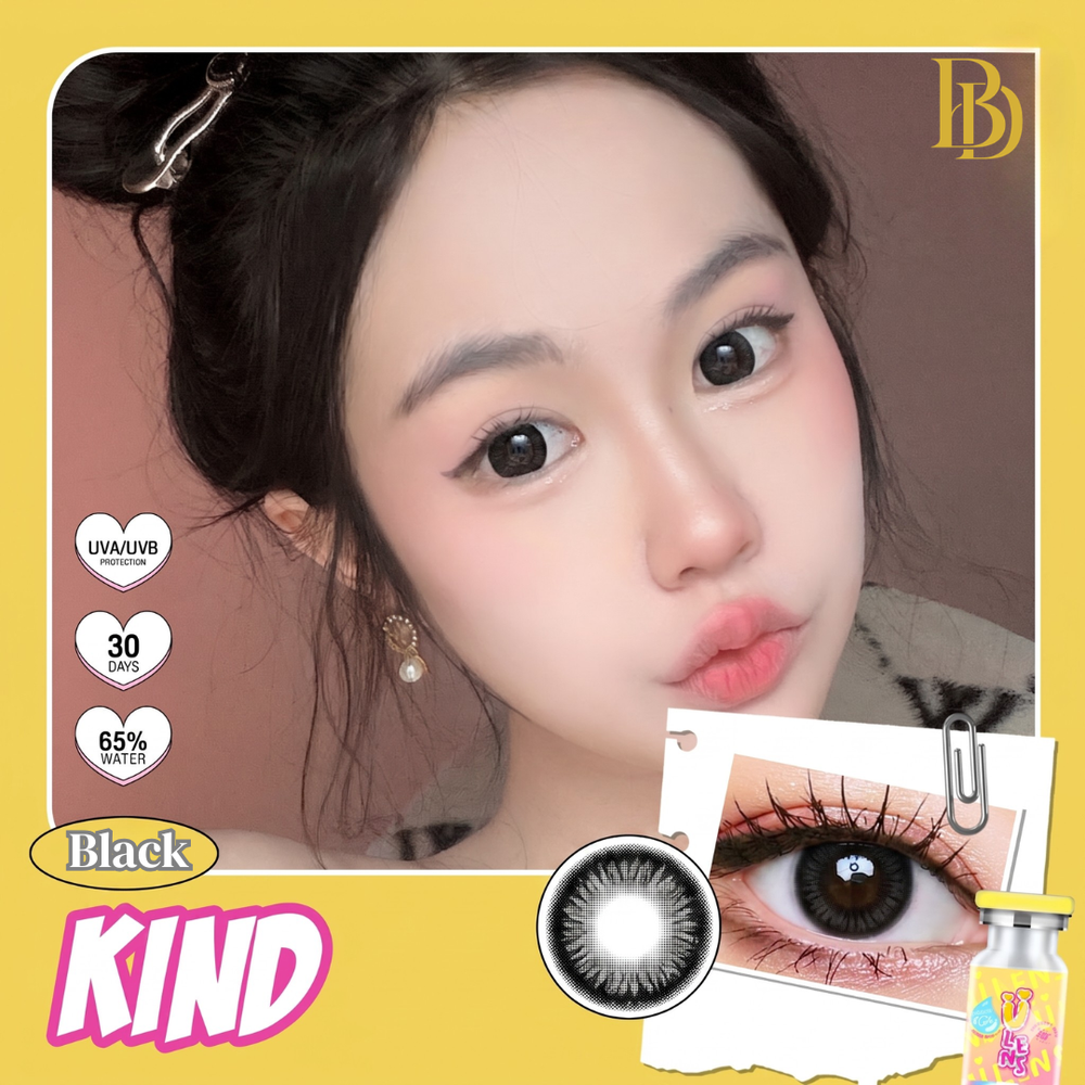 Advertisement for black contact lenses with a close-up of an eye and product packaging on a yellow background.