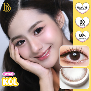 Advertisement for brown contact lenses with a model, UVA/UVB protection details, and close-up of lenses.