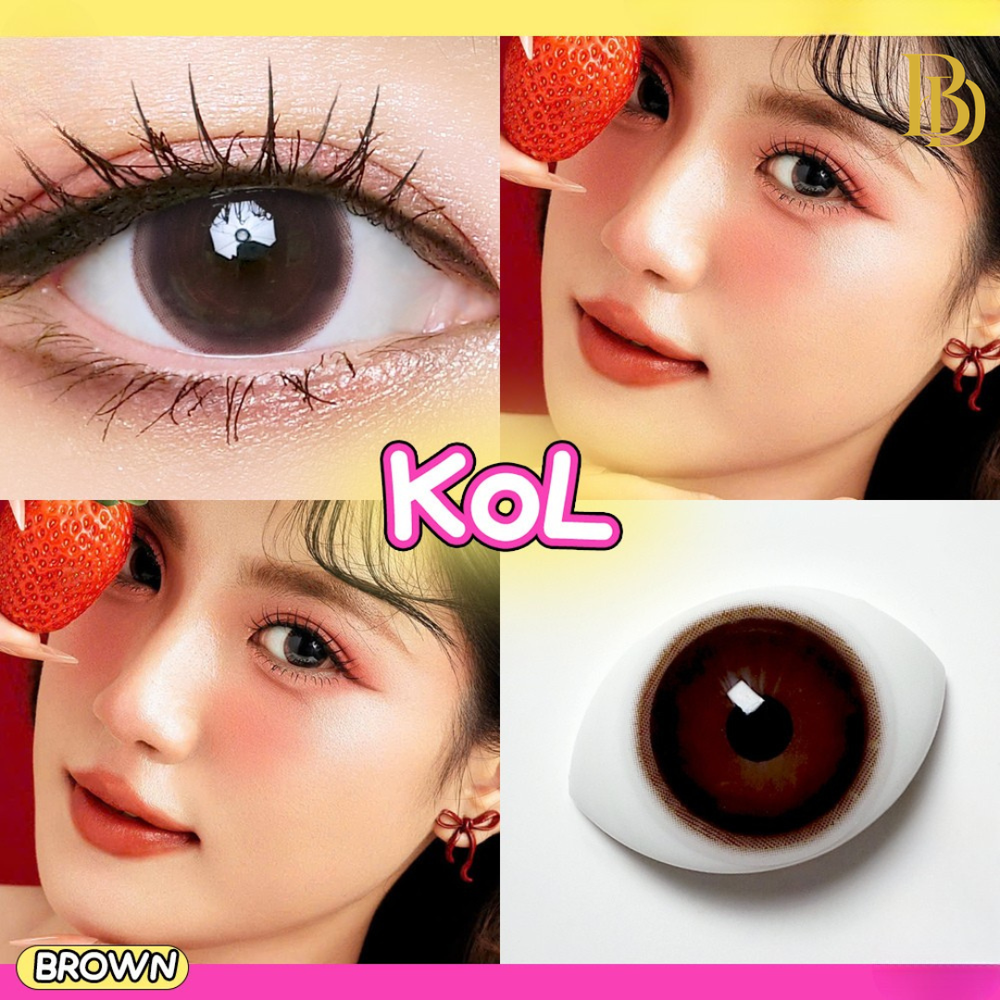 Close-up of a model with contact lenses and a contact lens box labeled 'KOL' on a white background.