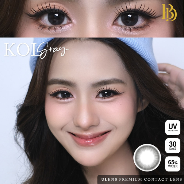 Advertisement for KOL Gray contact lenses with close-up of eyes and product details.