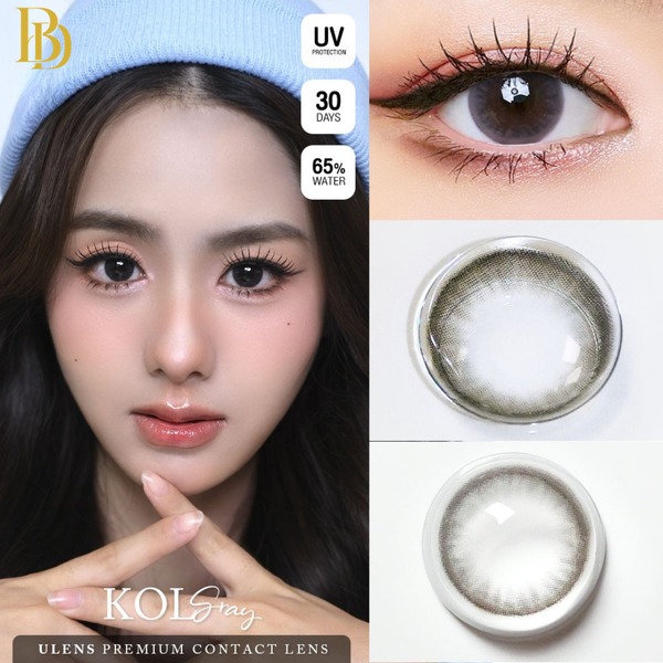 Advertisement for KOL ULENS Premium Contact Lenses featuring a model, contact lenses, and product details.