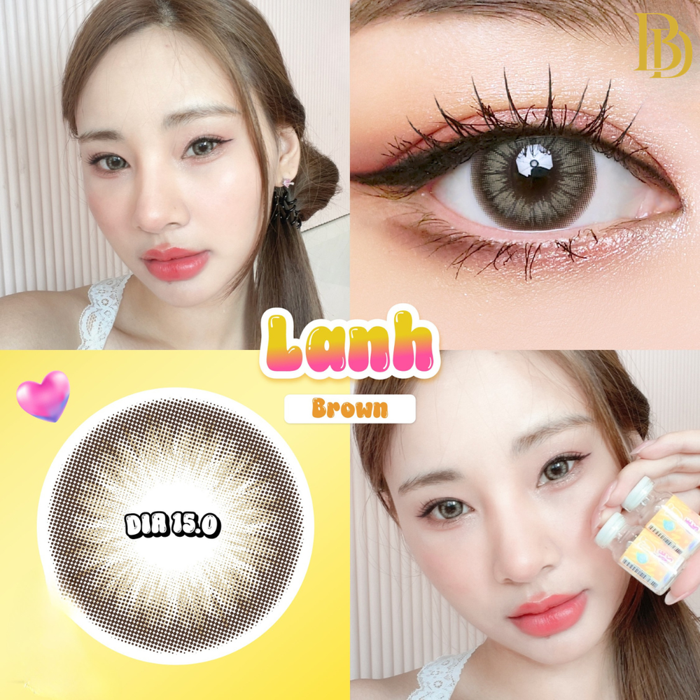 Model with styled hair and makeup, wearing a decorative headband, with 'Monthly Lanh brown' contact lenses branding.