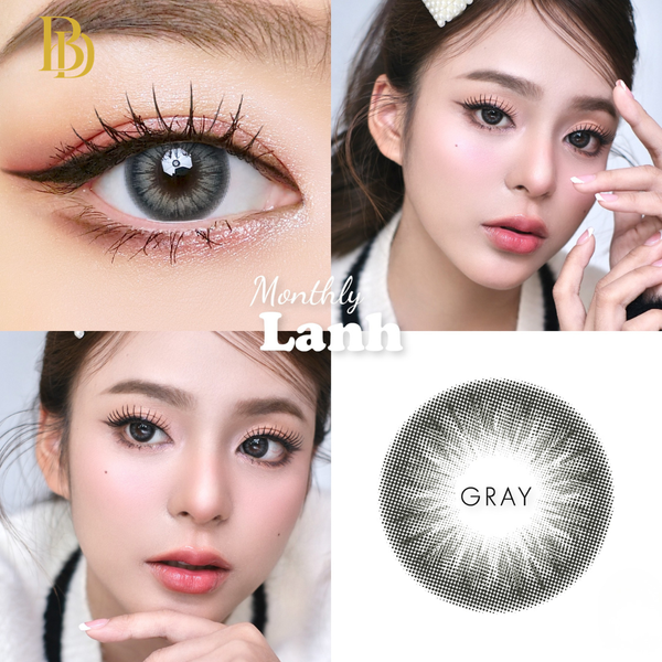 Collage of a woman wearing gray contact lenses with close-up of eye and lens.