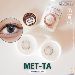 MuteLu Met-Ta gray contact lenses with packaging and an eye wearing the lenses.