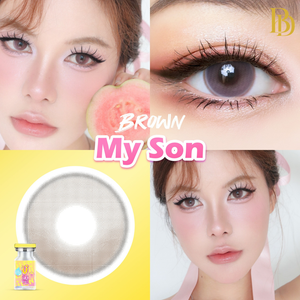 Collage of a woman's face with brown contact lenses, showing close-up of eyes and packaging.