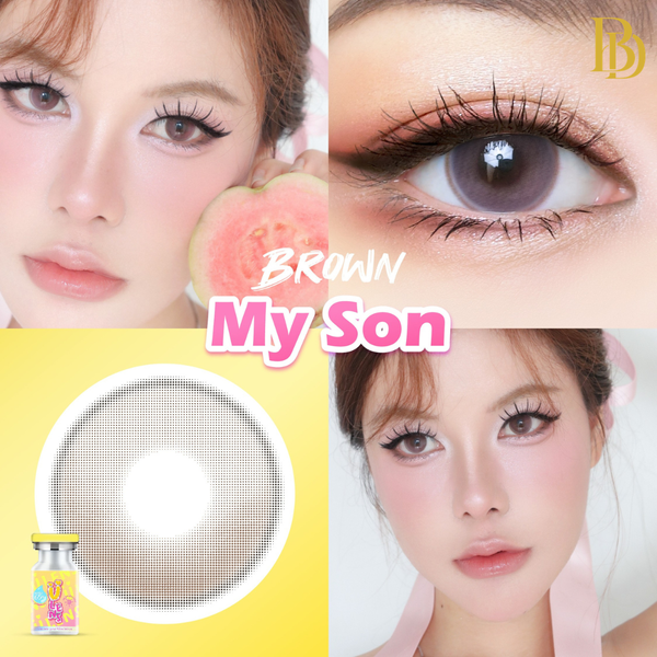 Collage of a woman's face with brown contact lenses, showing close-up of eyes and packaging.