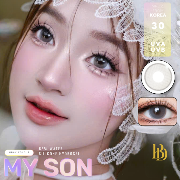 Advertisement for silicone hydrogel contact lenses with a model wearing them, featuring brand logos and product details.