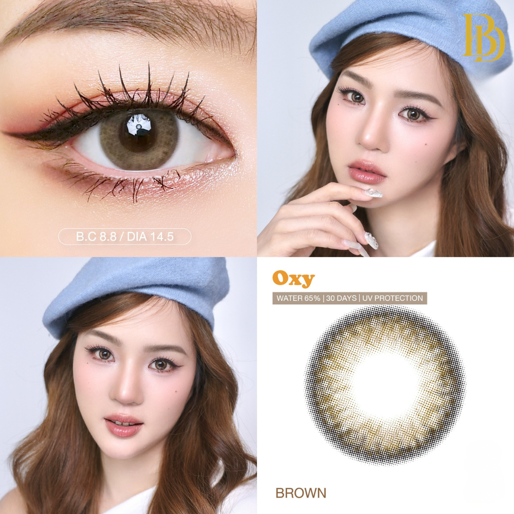 Woman wearing a blue beret with a close-up of contact lenses and product packaging.