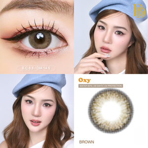 Collage of a woman wearing a blue beret, close-up of an eye with brown contact lenses, and a brown contact lens.
