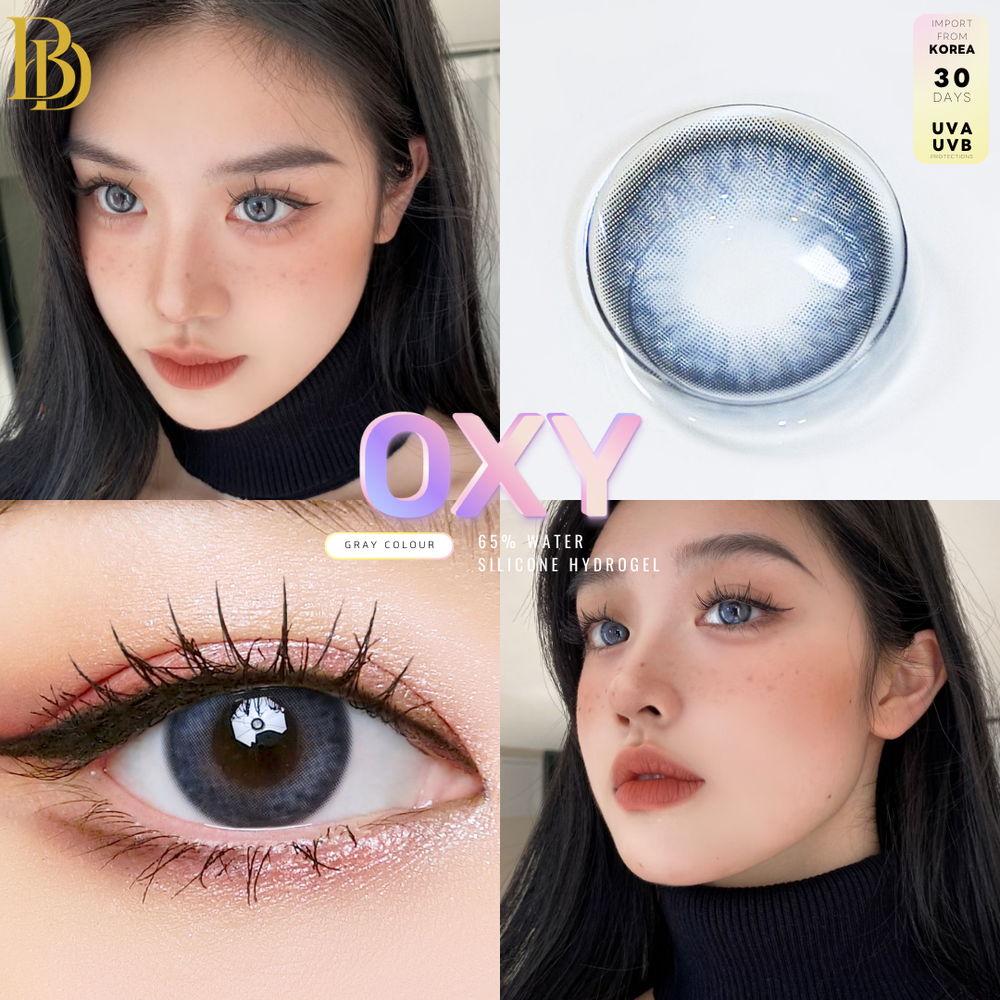 Advertisement for OXY contact lenses with a model wearing them, showing close-up details and product packaging.