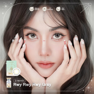 Woman with hands on face, product packaging labeled 'Rwy Rwy Rwy Gray' in the corner.