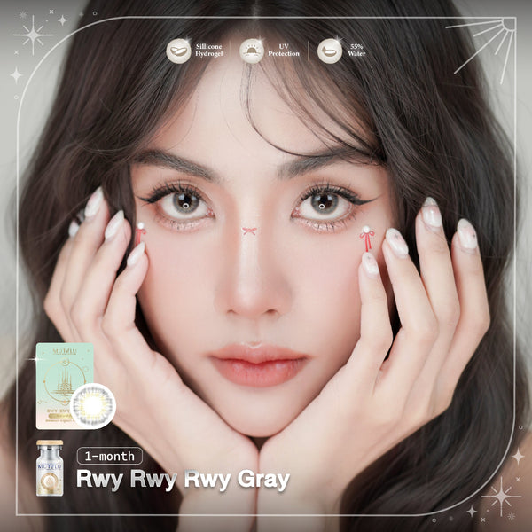 Woman with hands on face, product packaging labeled 'Rwy Rwy Rwy Gray' in the corner.