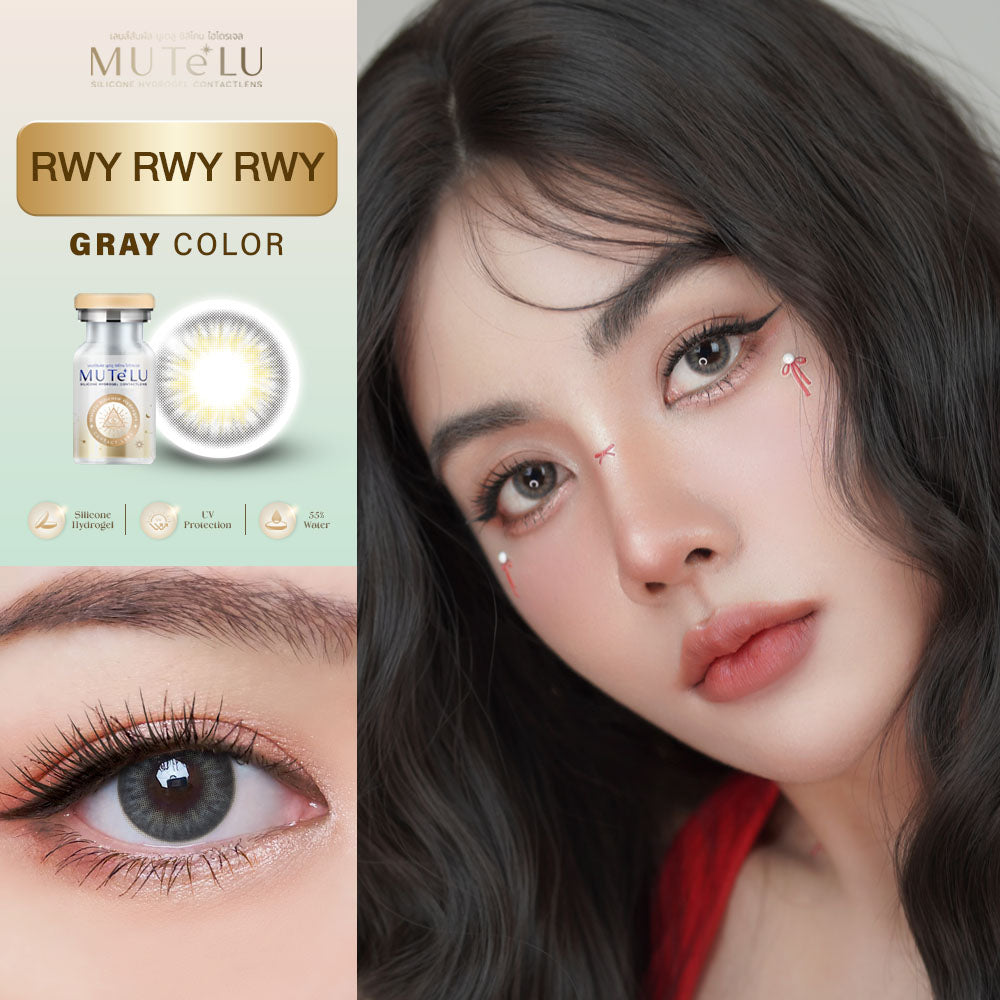 Woman holding contact lens packaging with 'RWY' gray lenses displayed.