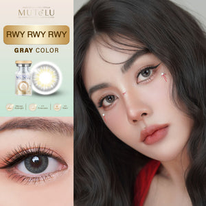 Advertisement for MuteLu Rwy Rwy Rwy Gray contact lenses with close-up of eyes and product packaging.