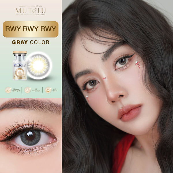 Advertisement for MuteLu Rwy Rwy Rwy Gray contact lenses with close-up of eyes and product packaging.