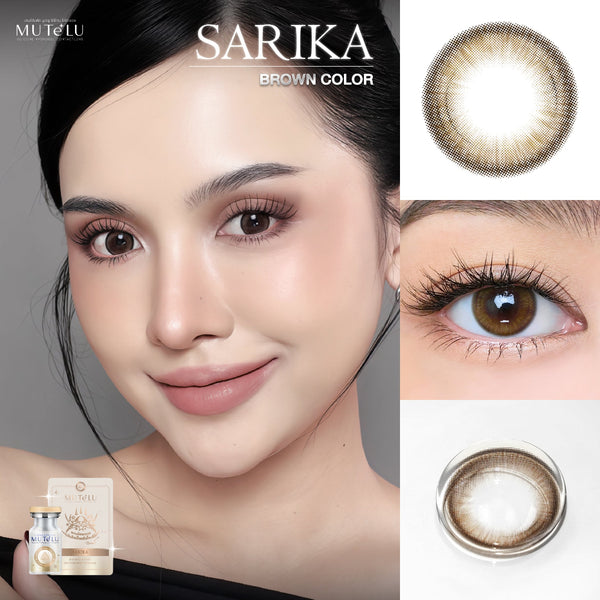 SARIKA brown contact lens packaging with a model wearing the lenses and close-up of the lenses.