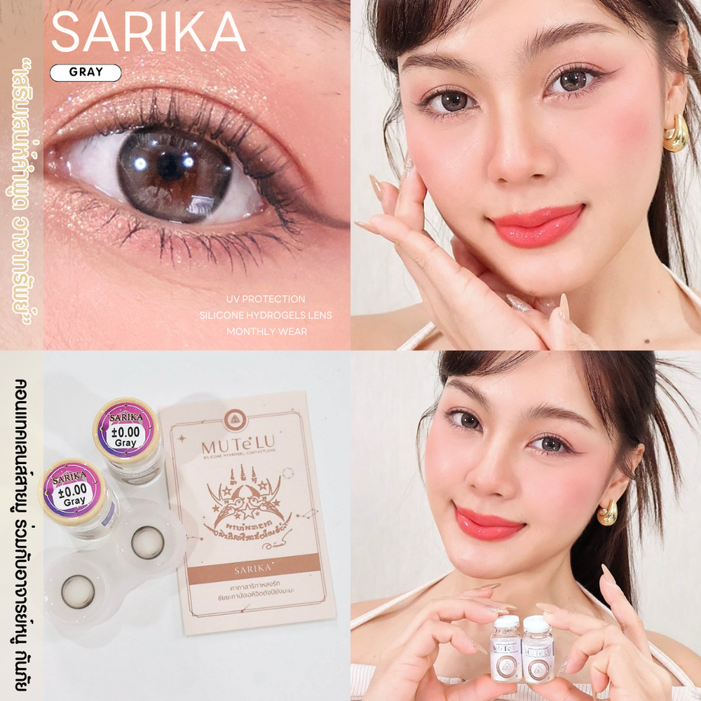 Woman holding Sarika Gray contact lens packaging with close-up of eyes wearing gray lenses.