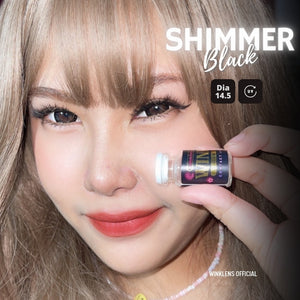 Shimmer Black Lenses by Wink Lens – cosmetic lens on model with natural makeup