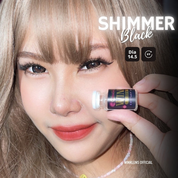 Shimmer Black Lenses by Wink Lens – cosmetic lens on model with natural makeup