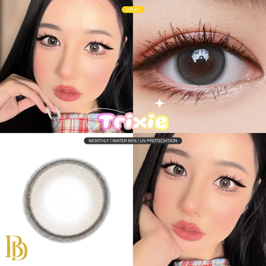 Collage of a contact lens with close-ups of eyes wearing it, featuring the brand 'Trixie'.