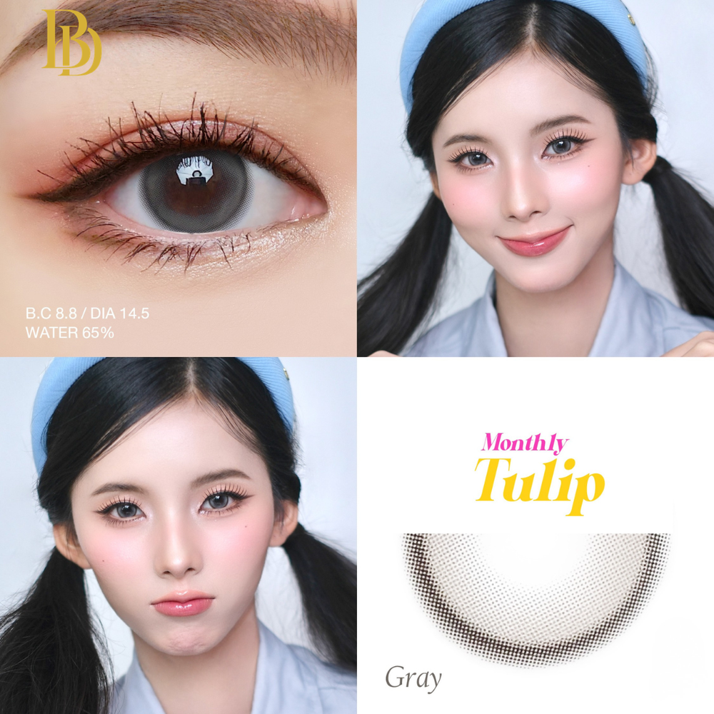 Model wearing gray contact lenses with product details on a light blue background
