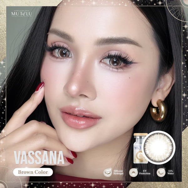 Advertisement for MuteLu Vassana contact lenses with a model wearing them.