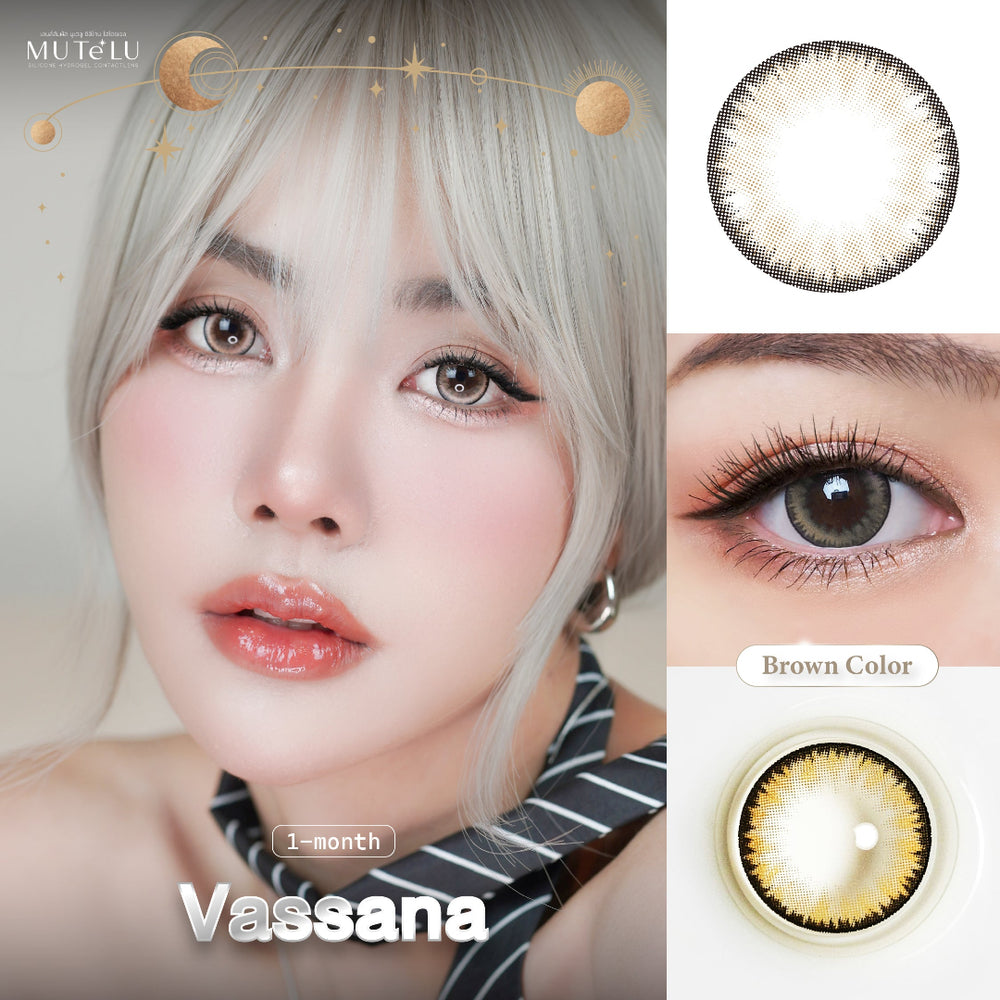 Person with platinum blonde hair holding a contact lens and contact case, with 'Vassana Brown' branding.