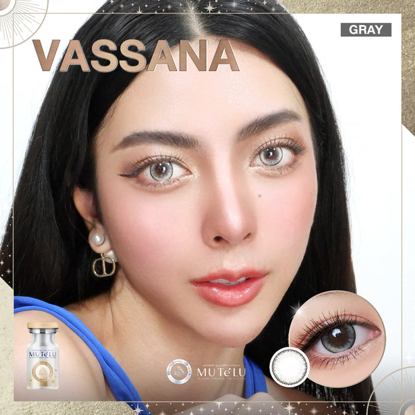 Advertisement for Vassana contact lenses with a model wearing them, MuteLu product, and close-up of contact lens.