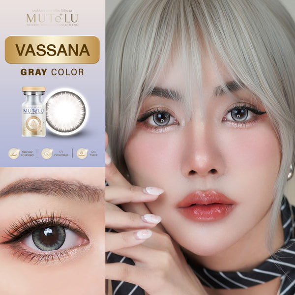 Advertisement for Mutilu Vassana gray contact lenses with a model wearing them.