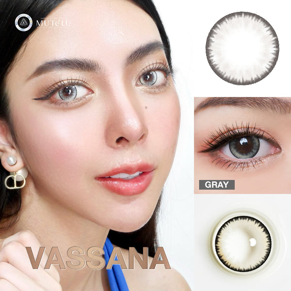 Advertisement for Vassana contact lenses with a model wearing them and close-up shots of the lenses.