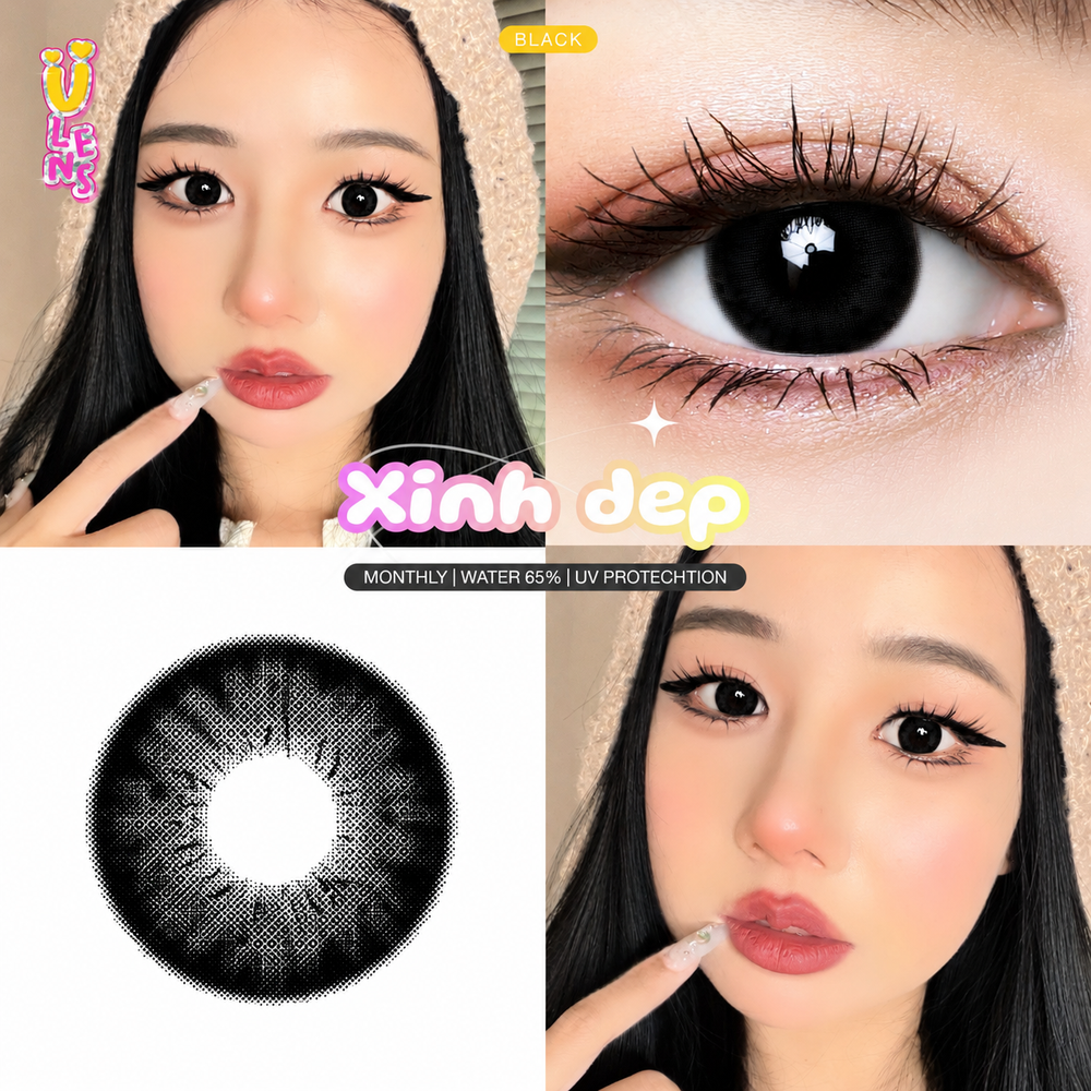 Close-up of a person with long eyelashes and a black contact lens, with 'Xinh dep' branding.
