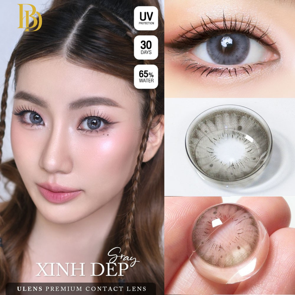 Advertisement for Xinh Dep contact lenses showing a model wearing them, close-up of eyes, and contact lenses.